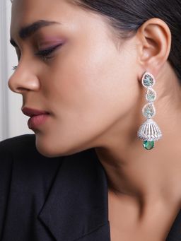 Adwitiya - Rhodium Plated Green Emerald & Ad Studded Dome Shape Earrings