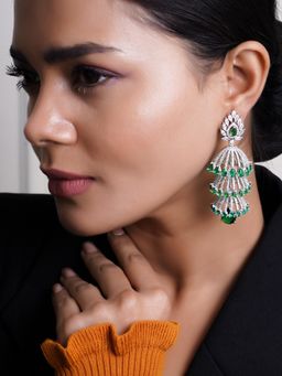 Adwitiya - Rhodium Plated Green Emerald & Ad Stone Studded Dome Shape Earrings