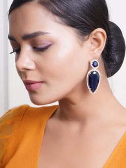 Adwitiya - Rhodium Plated Navy Blue Ad Stone Studded Leaf Shape Earrings