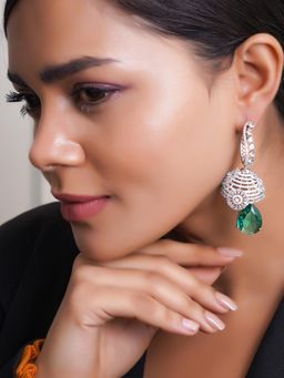 Adwitiya - Multi-Color Rhodium Plated Emerald & Ad Stone Studded Dome Shape Earrings
