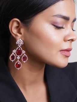 Adwitiya - Multi-Color Rose Gold Plated CZ & Ruby Stone Studded Chandelier Earrings
