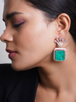 Adwitiya - Multi-Color Rose Gold Plated CZ & Emerald Stone Studded Drop Earrings