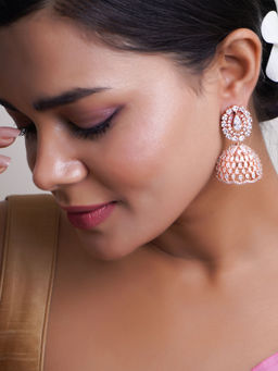 Adwitiya - White Rose Gold Plated CZ Stone Studded Dome Shape Jhumkas