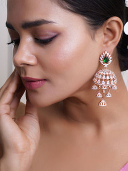 Adwitiya - Multi-Color Rose Gold Plated CZ & Emerald Stone Studded Dome Shape Jhumkas