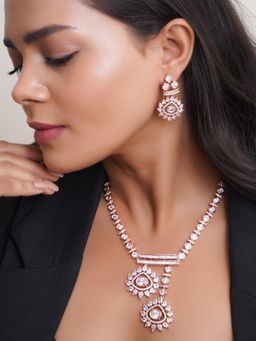 Adwitiya - White Rose Gold Plated Ad & Kundan Studded Necklace & Earrings