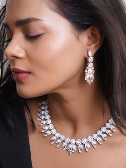 Adwitiya - White Rhodium Plated Ad Stone Studded Leaf Design Necklace & Earrings