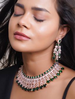 Adwitiya - Multi-Color Rose Gold Plated Emerald & Kundan Studded Necklace & Earrings