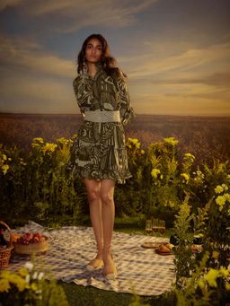 Nirmooha - Green Polished Precision Mini Dress with Belt (Set of 2)