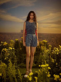 Nirmooha - Blue Crimson Corded Beauty Top with Shorts (Set of 2)