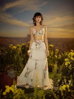 Nirmooha - White Chiffon Blossom Tiered Bralette with Skirt (Set of 2)