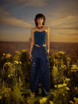 Nirmooha - Blue Floral Embroidery Denim Ensemble Co-Ord (Set of 2)