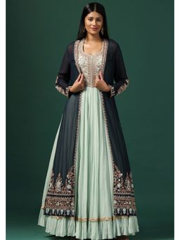 "Two Sisters" by Gyans - Sea Green Thread Work Anarkali Dress With Cape