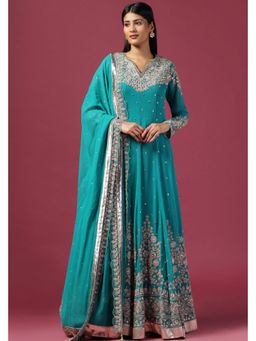"Two Sisters" by Gyans - Green Silver Embroidered Anarkali Dress With Dupatta