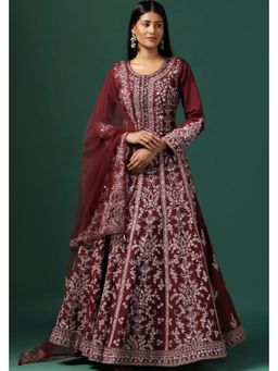 "Two Sisters" by Gyans - Maroon Embroidered Anarkali Dress With Dupatta