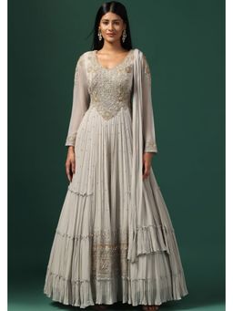 "Two Sisters" by Gyans - Grey Georgette Embroidered Anarkali With Dupatta