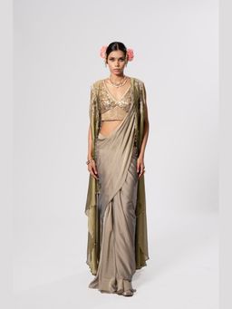 RIRASA - Devyani Olive Saree with Embellished Stitched Blouse and Cape