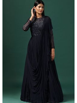 "Two Sisters" by Gyans - Navy Blue Embroidered A Line Maxi Dress