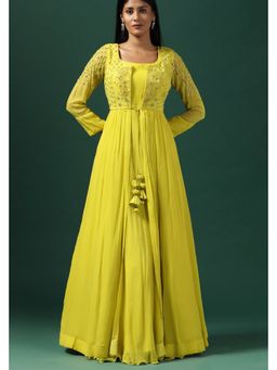 "Two Sisters" by Gyans - Yellow Mirror Work Anarkali Dress With Cape