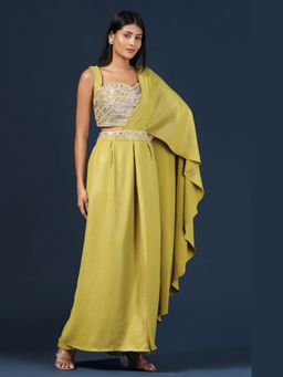 "Two Sisters" by Gyans - Green Embellished Georgette Draped Saree With Pant and Stitched Blouse