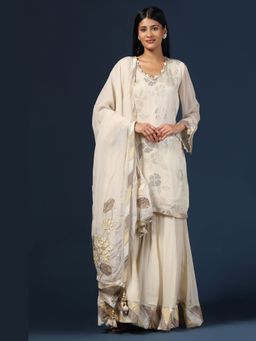"Two Sisters" by Gyans - Off-White Kurta With Flared Pant and Dupatta