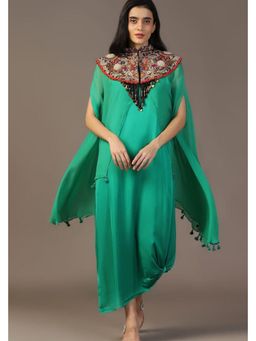 "Two Sisters" by Gyans - Green Embroidered A Line Dress With Cape