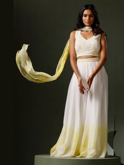 "Two Sisters" by Gyans - White and Yellow Crop Top and Palazoo With Stole