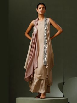 "Two Sisters" by Gyans - Shaded Gold Mirror Work Anarkali Dress With Cape