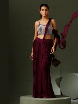 "Two Sisters" by Gyans - Purple Draped Saree With Stitched Blouse