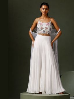 "Two Sisters" by Gyans - White Embroidered Crop Top With Palazzo and Cape
