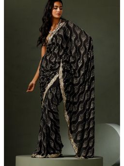 "Two Sisters" by Gyans - Black Embroidered Gold Jaal Saree With Unstitched Blouse