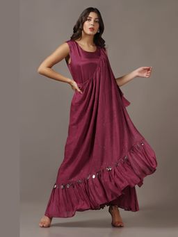 "Two Sisters" by Gyans - Wine Embroidered Anarkali Dress With Cape