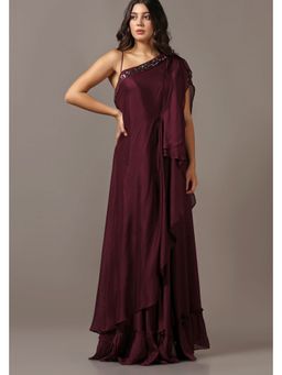 "Two Sisters" by Gyans - Wine One Shoulder Drape A Line Maxi Dress