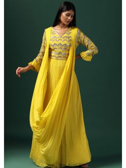 "Two Sisters" by Gyans - Yellow Embroidered Georgette A Line Maxi Dress