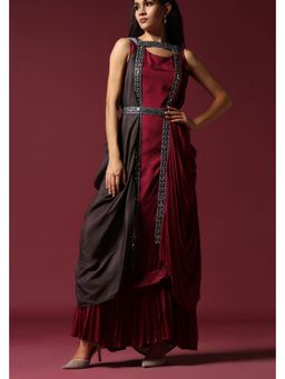 "Two Sisters" by Gyans - Maroon and Grey Draped A Line Dress With Cape and Belt