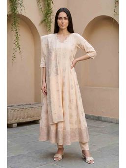 Aurelia - Off White Floral Printed Sequins Anarkali Kurta With Leggings & Dupatta