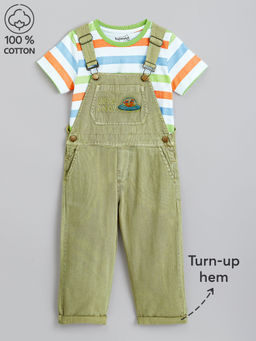 Hopscotch - 2 Piece Rainbow Stripe Cotton T-Shirt with Dungaree Set