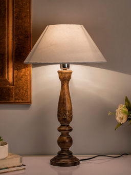 Homesake - Carved Black Wood Table Lamp White Cone