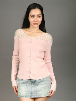 Odette - Women Pink Cotton Rib Solid Top