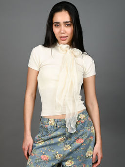 Odette - Women Ivory Cotton Rib Solid with Bow Top