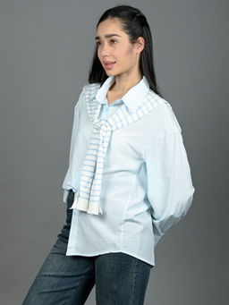Odette - Women Blue Cotton Blend Solid Shirt with Scarf
