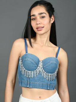 Odette - Women Blue Denim Embellished Corset Crop Top