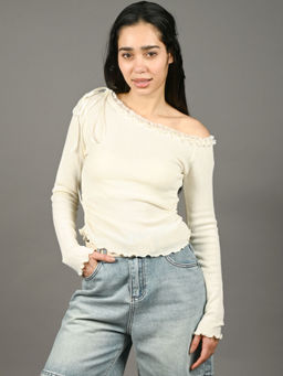 Odette - Women Cream Cotton Rib Solid Top