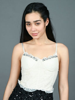 Odette - Women Ivory Net Embellished Corset Crop Top