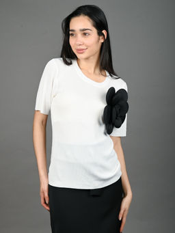 Odette - Women White Cotton Rib Solid with Black Flower Top