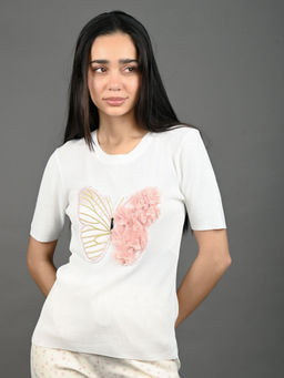 Odette - Women White Cotton Rib Solid with Beautiful Patch Work Top