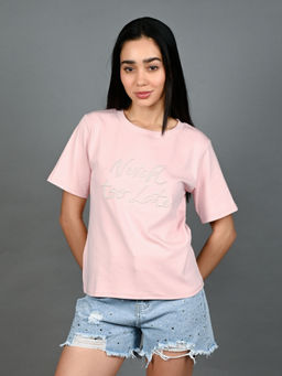 Odette - Women Pink Jersey Cotton Beaded Top