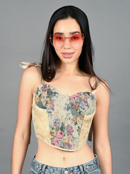 Odette - Women Beige Woven Corset Crop Top