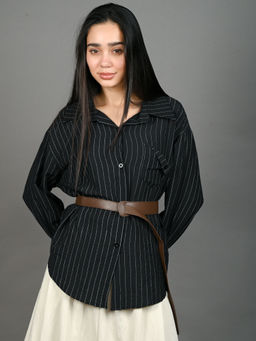 Odette - Women Black Cotton Blend Striped Shirt with Waist Belt