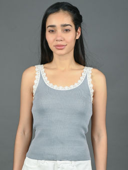 Odette - Women Grey Cotton Rib Solid with Lace Work Top