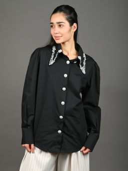 Odette - Women Black Cotton Blend Embellished Shirt